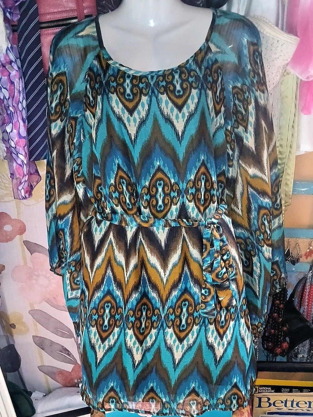 Umgee Flutter Sleeve Mini Dress in Blue & Brown Size Medium